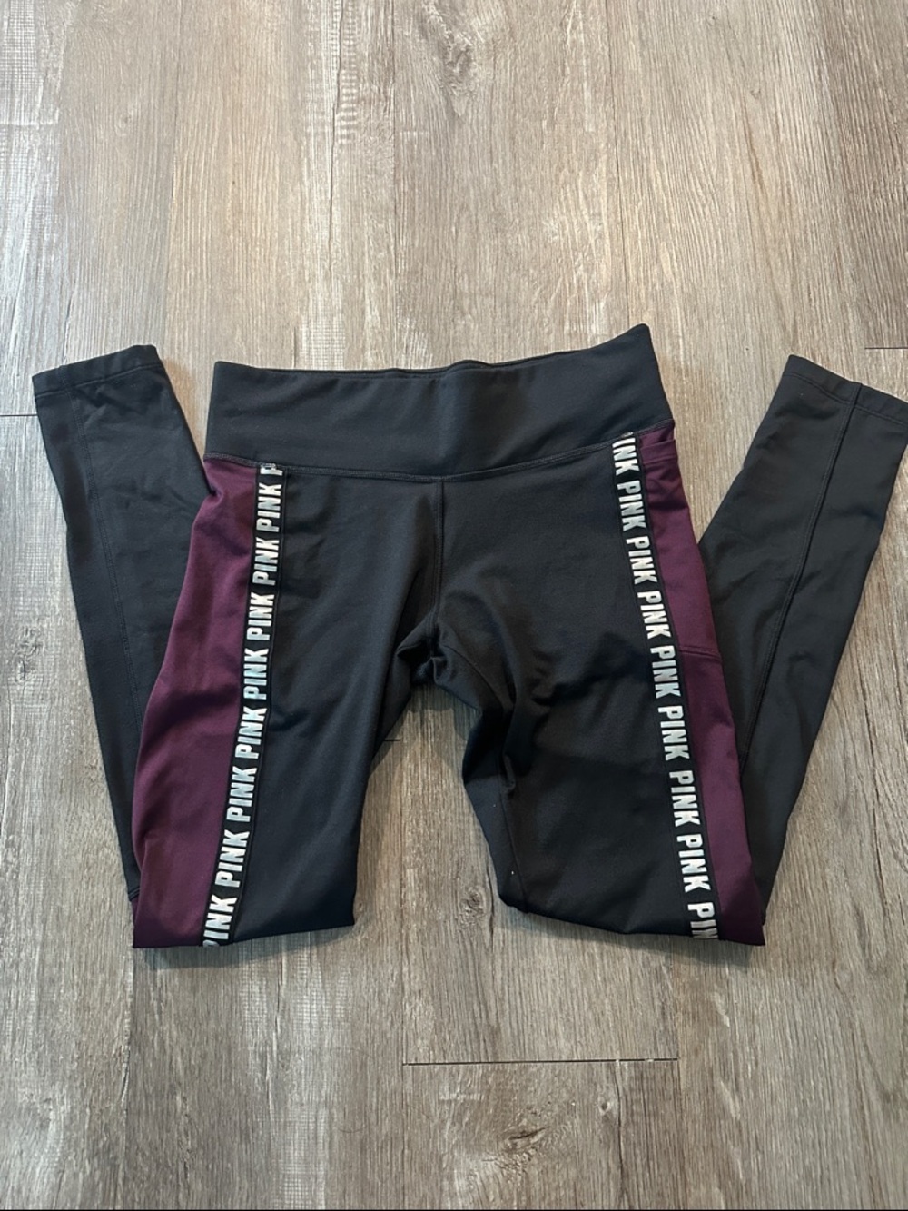 PINK Victoria's Secret Cozy Black & Burgundy Side-Panel Logo Leggings